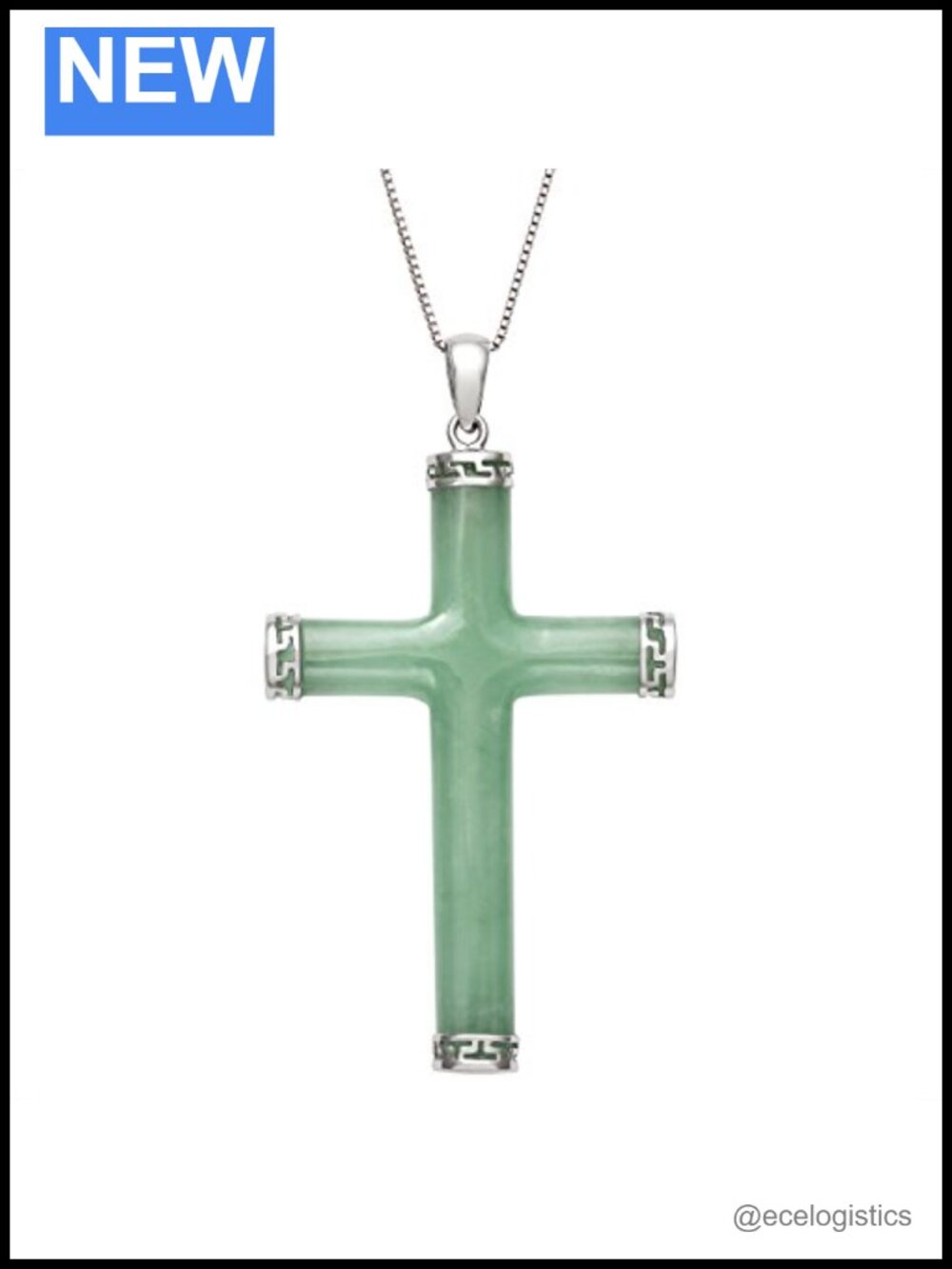 Natural Green Jade Cross Pendant Necklace Sterling Silver Box Chain 18"